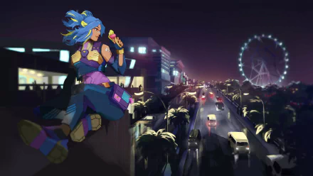 HD PC desktop wallpaper featuring Neon from Valorant, set against a vibrant cityscape at night with glowing lights and a large Ferris wheel in the background.