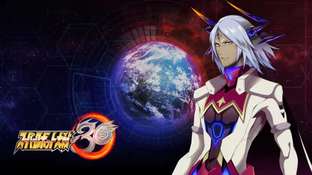 HD desktop wallpaper featuring a character from Super Robot Wars 30, against a cosmic background with Earth and the game's logo.