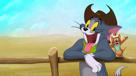 4K Ultra HD PC desktop wallpaper featuring Tom and Jerry from the movie Tom and Jerry: Cowboy Up! in a lively western scene.