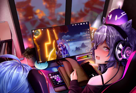 HD PC desktop wallpaper featuring Ganyu and Keqing from Genshin Impact in a cozy gaming setup with vibrant lighting and a monitor displaying the game.