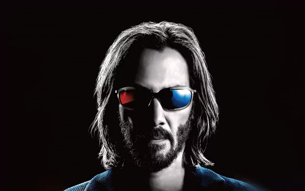 4K Ultra HD PC wallpaper: Neo from The Matrix Resurrections — long-haired man in red-and-blue 3D glasses on a black background.