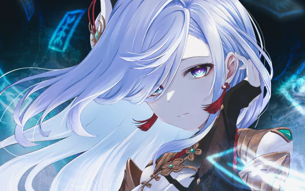 HD desktop wallpaper of Shenhe from Genshin Impact, a popular video game, with intricate details highlighting her light blue hair and piercing eyes.