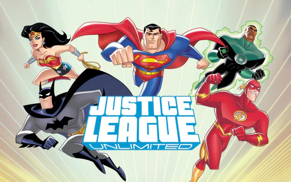 HD Justice League Unlimited wallpaper: Superman center with Wonder Woman, Batman, Flash (Wally West) and Green Lantern (John Stewart) in dynamic TV-show action.