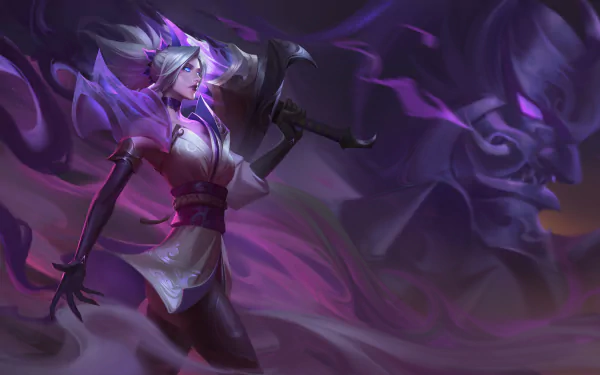 Riven from League of Legends depicted in a dynamic pose with glowing purple energy, designed as a 4K Ultra HD PC desktop wallpaper for the video game.