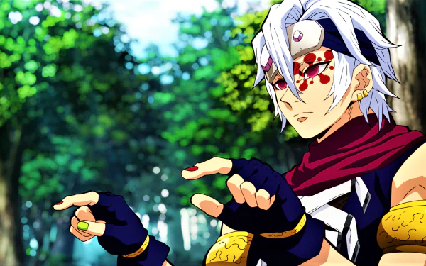 HD wallpaper featuring Tengen Uzui from the anime Demon Slayer: Kimetsu no Yaiba, depicted in a forest background.