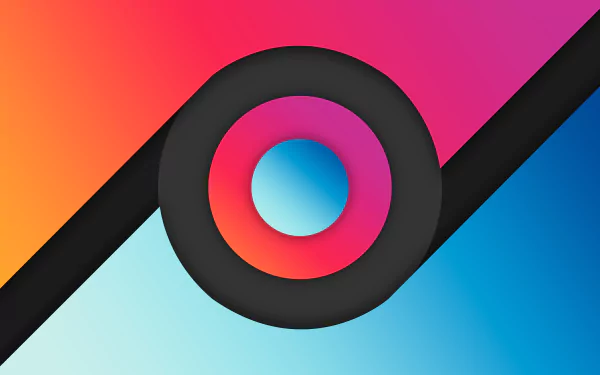 8K Ultra HD PC desktop wallpaper: artistic gradient shapes — diagonal color split with a black circular ring around a vivid pink-blue center.