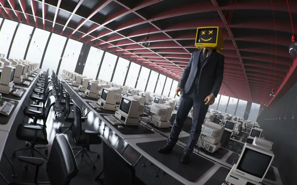 Man with digital head standing in futuristic server room with rows of computers, HD technology-themed desktop wallpaper.