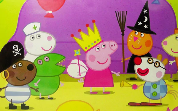 HD desktop wallpaper featuring characters from the TV show Peppa Pig, including Peppa in a crown, surrounded by friends in a colorful party setting with balloons and costumes.