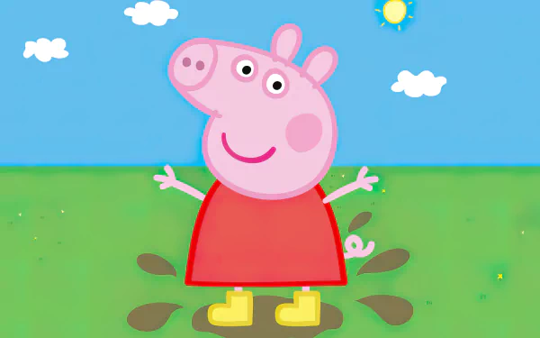 HD desktop wallpaper featuring the animated character Peppa Pig standing on grass with a sunny sky backdrop.