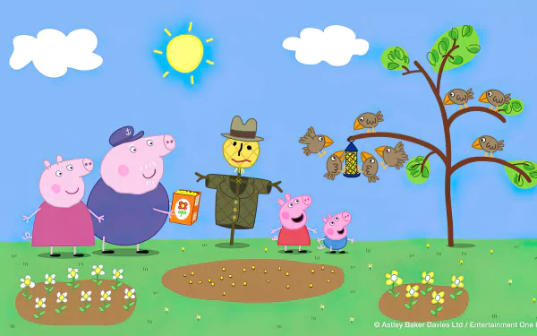 HD desktop wallpaper featuring Peppa Pig and her family enjoying a sunny day outdoors with a scarecrow and butterflies in a cheerful cartoon scene.
