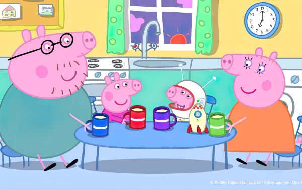 HD desktop wallpaper featuring Peppa Pig and her family at the dining table with colorful cups and a toy rocket.