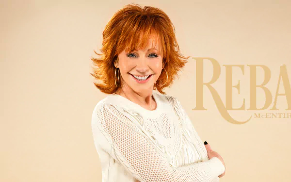 Smiling woman wearing a white sweater posing for a HD desktop wallpaper with stylized text.