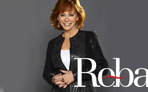 Elegant woman posing with a pleasant smile for a HD desktop wallpaper and background, featuring stylish attire and the text 'Reba'.