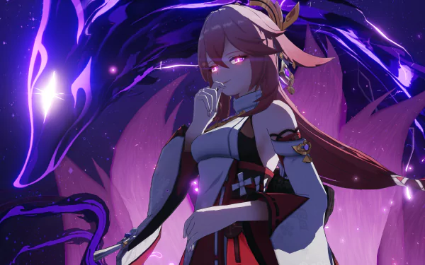 A stunning 4K Ultra HD wallpaper featuring Yae Miko Guuji from Genshin Impact, set against a mystical background with vibrant colors and ethereal elements.