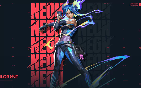 Neon from Valorant showcased in vibrant colors with dynamic pose, designed as a 4K Ultra HD PC desktop wallpaper and background for fans of the video game.