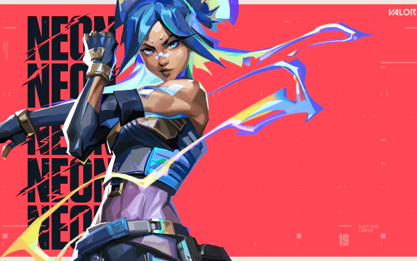 Neon (Valorant) in a dynamic pose, electric blue hair and lightning streaks against a bold red backdrop — 5K Ultra HD PC desktop wallpaper for the Valorant video game.