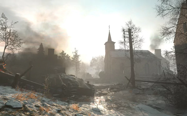 HD desktop wallpaper featuring a Hell Let Loose game scene with a war-torn landscape, a church in the background, and smoke rising into the sky.