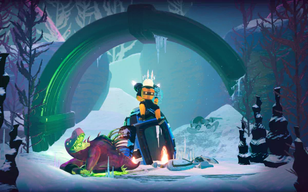 HD desktop wallpaper featuring a Risk of Rain 2 game scene with character standing by an alien archway and slain creature.