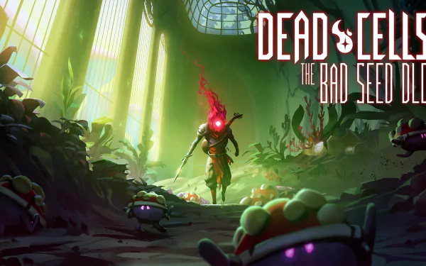 HD desktop wallpaper featuring Dead Cells: The Bad Seed DLC with a mystical forest setting and the protagonist in action.
