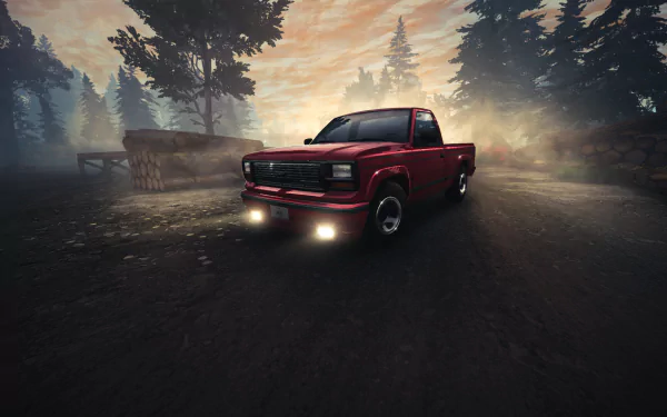 A vibrant HD wallpaper featuring a red pickup truck in BeamNG.drive, set against a moody forest backdrop with dramatic lighting and mist.
