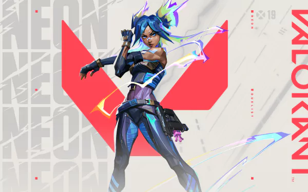 4K Ultra HD PC desktop wallpaper of Neon from Valorant — energetic cyberpunk agent in blue and purple, posing before a red Valorant logo with electric streak effects.