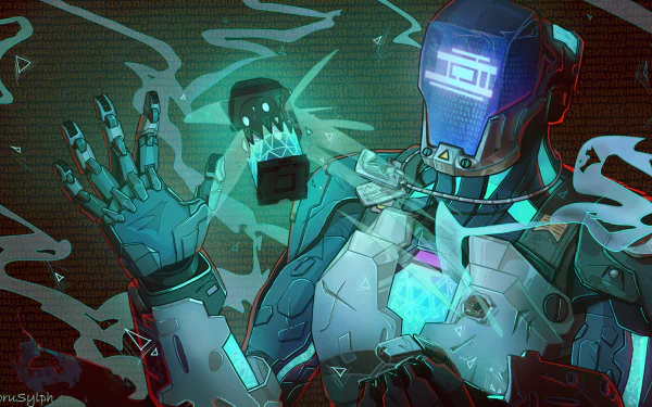 HD PC desktop wallpaper and background: KAY/O (Valorant) video game art of an armored combat android clutching a glowing core amid swirling teal energy.