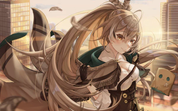 4K Ultra HD PC wallpaper featuring Nanashi Mumei from hololive, showcasing detailed anime-style art of the virtual YouTuber against a soft cityscape background.