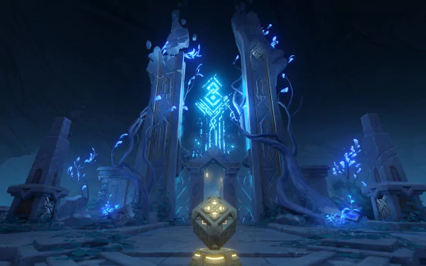Enkanomiya scene from Genshin Impact: glowing blue ruins and towering monoliths with a golden cube in the foreground — 4K Ultra HD PC desktop wallpaper, video game background.