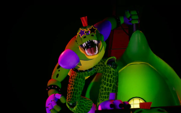 2K Quad HD PC desktop wallpaper/background: snarling green animatronic gator lunging forward amid neon lights from the video game Five Nights at Freddy's: Security Breach.