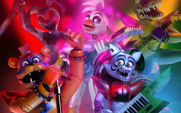 HD PC desktop wallpaper featuring Glamrock Freddy and other animatronic characters from the video game Five Nights at Freddy's: Security Breach in vibrant colors.