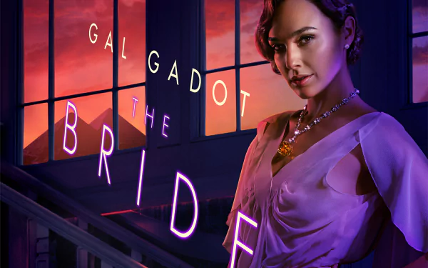 HD PC desktop wallpaper of a glamorous woman in a silk gown and necklace on neon-lit stairs, bold The Bride lettering—styled as a Death on the Nile (2022) movie poster.