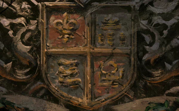 Crusader Kings III HD desktop wallpaper featuring a detailed coat of arms with four quadrants, surrounded by ornate foliage designs.