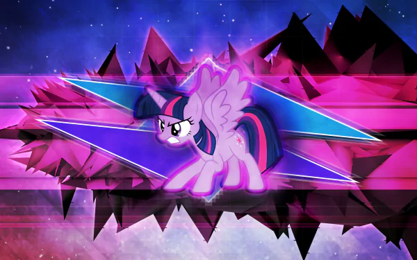 4K Ultra HD PC wallpaper of Twilight Sparkle from the TV show My Little Pony: Friendship Is Magic—glowing pegasus-unicorn before neon geometric shards and a starry cosmic background.
