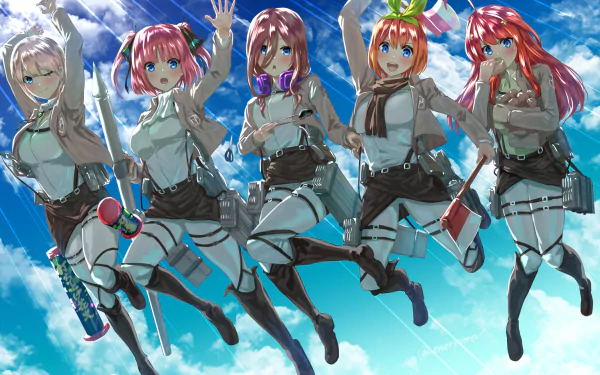 HD anime desktop wallpaper featuring Yotsuba, Nino, Miku, Ichika, and Itsuki Nakano from The Quintessential Quintuplets, all jumping joyfully against a bright blue sky.