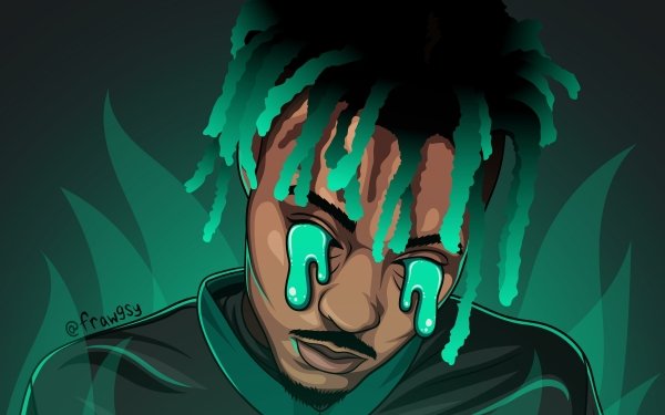 Artistic HD desktop wallpaper featuring a stylized illustration of a male figure with green dreadlocks and tears, inspired by the musical artist associated with the tag 'Juice Wrld'.