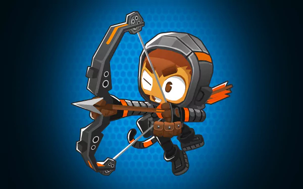 Bloons TD 6 HD desktop wallpaper featuring an animated monkey character with a bow and arrow on a blue background.