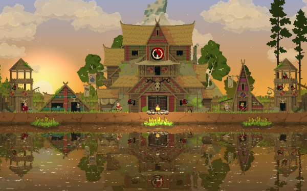 HD desktop wallpaper of Kingdom: Two Crowns featuring a pixel-art medieval town with reflection on water at sunset.
