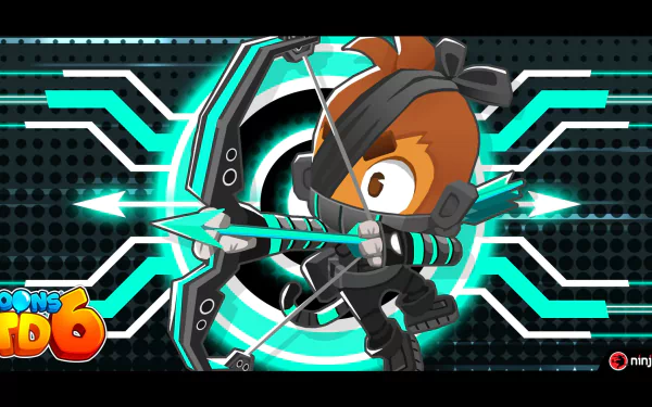 A vibrant HD desktop wallpaper featuring a character from Bloons TD 6, showcasing a ninja design with a bow and arrow against a dynamic teal and black background.