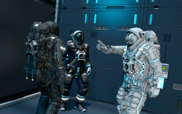 HD desktop wallpaper featuring space engineers in a spacecraft interior, with one astronaut gesturing during a discussion.