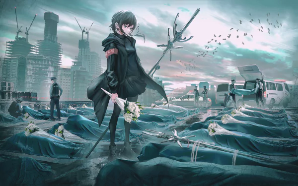 2K Quad HD PC wallpaper/background: anime girl in a black coat holds white flowers at a somber funeral among shrouded bodies, ruined cars and cranes beneath a teal, cloudy sky.