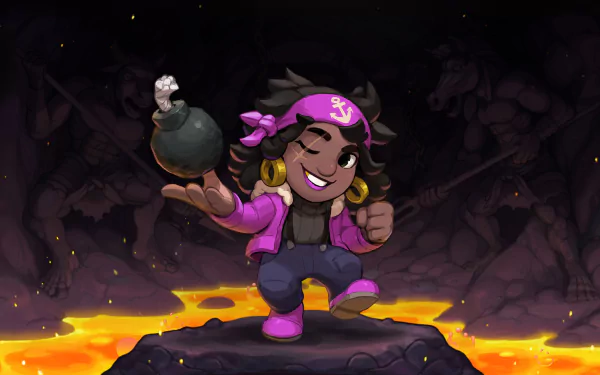 Spelunky 2 character with a bomb standing on a rock above lava, in a high-definition desktop wallpaper.