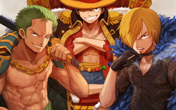 HD PC desktop wallpaper featuring One Piece characters Monkey D. Luffy, Roronoa Zoro, and Sanji from the Two Years Later arc in dynamic anime style.