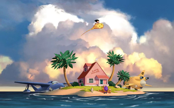 HD Dragon Ball desktop wallpaper featuring Goku on Flying Nimbus above Kame House island with Master Roshi and Krillin near the water under a vibrant sky.