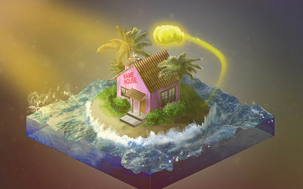 HD PC desktop wallpaper and background: stylized Dragon Ball anime Kame House on a tiny palm-covered island with crashing waves and a glowing energy orb overhead.