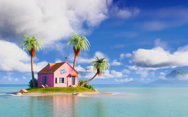 HD PC desktop wallpaper of Kame House from Dragon Ball, featuring the iconic pink house on a small island surrounded by clear blue water and palm trees under a bright sky.