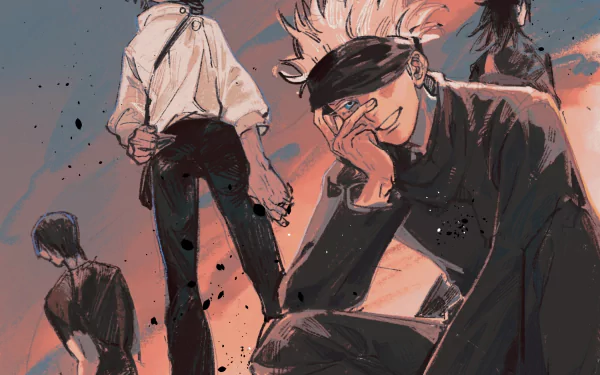 HD anime wallpaper featuring Yuta Okkotsu, Satoru Gojo, Suguru Geto, and Toji Fushiguro from Jujutsu Kaisen, showcasing the characters Gojo and Geto in dynamic poses.