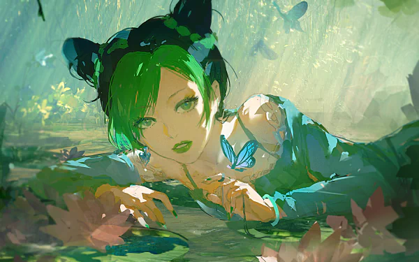 HD PC desktop wallpaper featuring Jolyne Cujoh from Stone Ocean in Jojo's Bizarre Adventure, depicted with green hair and a butterfly near her shoulder in a lush setting.