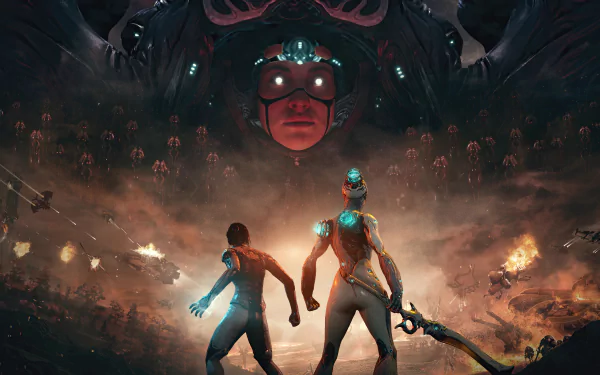 4K Ultra HD PC Desktop Wallpaper and Background from the video game Warframe: two Tenno confront a colossal floating enemy head looming over an army in a fiery battlefield.