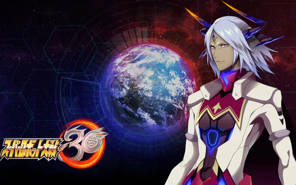 HD desktop wallpaper featuring a character from Super Robot Wars 30, against a cosmic background with Earth and the game's logo.