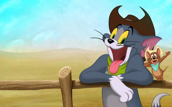 4K Ultra HD PC desktop wallpaper featuring Tom and Jerry from the movie Tom and Jerry: Cowboy Up! in a lively western scene.